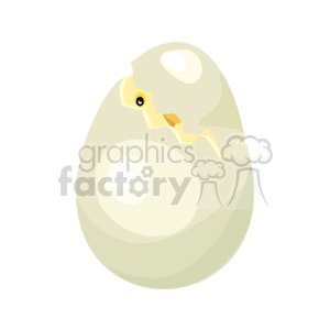 This clipart image shows a baby bird, or chick, hatching from an egg. The chick is partially visible, with its head and one wing poking out from a crack in the eggshell. The egg appears to be slightly large, with one significant crack where the chick is emerging from.
