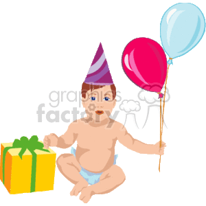 The clipart image depicts a baby wearing a party hat and a diaper. The baby is sitting with one hand on a wrapped gift box, which is presumably a present. In the other hand, the baby is holding two balloons, one pink and one blue. 