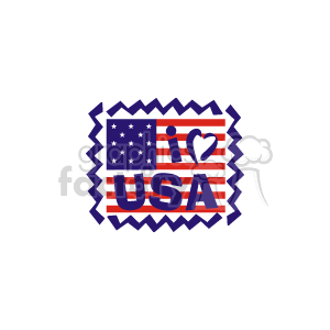 This clipart image depicts a postage stamp design featuring the American flag with the phrase I Love USA superimposed on it. The Love is represented by a heart symbol, and the heart is placed where the stars on the flag typically reside, suggesting a patriotic love for the United States of America. The image also has a jagged border mimicking the perforations found on postage stamps.