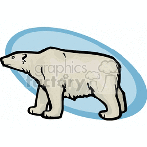 The clipart image depicts a side profile of a polar bear. The polar bear is illustrated in a simple cartoon style with a white fur coat, and it is set against a blue oval background that may represent an icy environment.