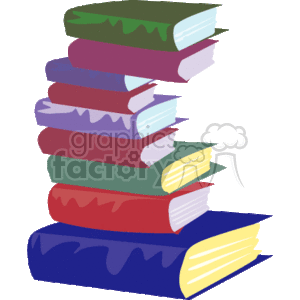 The clipart image shows a stack of colorful books. The books are piled on top of each other in a slightly staggered fashion, implying a casual or hurried placement rather than a neatly organized shelf.