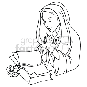 The clipart image depicts a woman praying with her hands clasped together. She is wearing a long, draped robe or cloak with braided hair, suggesting a serene or reverent moment. In front of her is an open book, often representative of a holy book or scripture. Beside the book, there is a single rose with a few leaves, which may symbolize love, devotion, or purity commonly associated with religious themes. Roses are also sometimes linked to holiday celebrations like Christmas, indicating a devotional or religious aspect of the holiday.