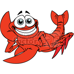 The image is a cartoony depiction of a red lobster with exaggerated features to give it a humorous appearance. It has large, googly eyes and a wide smiling mouth that contributes to its comical look.