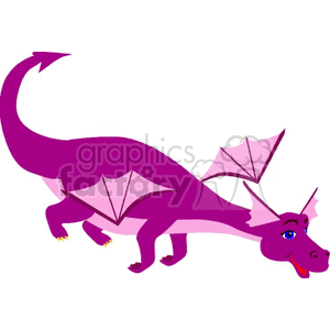 The image is a clipart illustration of a stylized purple dragon. The dragon has magenta wings, a long curved tail, and a horn on its head.