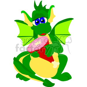 The image depicts a cartoon-style green dragon with a playful expression, holding a piece of meat. The dragon has big blue eyes, a slight grin, and wings that are spread out. It's presented in a simple and colorful clipart form.