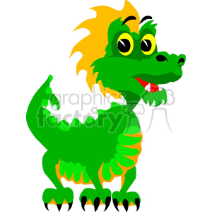 The image features a cartoon-style depiction of a green dragon with orange wing accents and yellow hair. The dragon has a friendly expression, with large eyes and a smiling mouth, revealing two pointed teeth. It is standing upright on its hind legs.