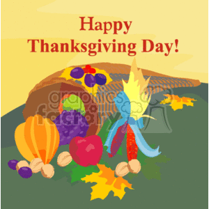 This is a colorful clipart image representing a traditional Thanksgiving theme. It contains a cornucopia, also known as a horn of plenty, overflowing with various symbols of harvest and abundance. Within the cornucopia, there are gourds, grapes, nuts, and leaves depicted, as well as an apple and what seems to be Indian corn, which is characterized by its multicolored kernels. At the mouth of the horn, there is a decorative ribbon with a bow, combining colors of blue and yellow/orange. Behind the horn, there are more autumn leaves to emphasize the season. The background is a warm, gradient yellow, and the text Happy Thanksgiving Day! is prominently displayed at the top of the image.