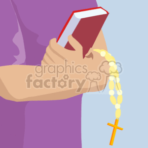 This clipart image features a person holding a red-covered Bible with a rosary draped over the pages. The rosary has a cross at the end of it, and the individual appears to be wearing a purple garment, which could suggest a liturgical context.