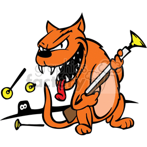 The clipart image features an orange cartoon cat with an aggressive or menacing expression. The cat is holding a dart gun with a sucker dart attached to the end, while several other similar darts are scattered around, including one stuck to a black hat. The cat has sharp teeth bared and appears to be hissing or growling.