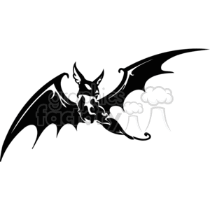 The image is a black and white clipart of a single bat in flight. The bat is depicted in profile view, showcasing its large wings stretched wide, its pointed ears, and a detailed body with visible fur and facial features. The style of the image is bold and graphic, suitable for vinyl cutting or vector applications, often used for Halloween decorations or theming for spooky events due to the bat's association with the holiday and its nocturnal, mysterious nature.