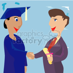 The clipart image depicts a graduation scene. On the left, there is a happy graduate wearing a blue cap and gown, holding out their hand as if to shake hands. The tassel of the cap is swinging to the side, indicating movement, typically associated with the action of moving it from one side to the other upon graduation. On the right, there is a smiling figure, possibly a school official or principal, in a suit, shaking the graduate's hand and holding a diploma tied with a ribbon, suggesting the diploma is being presented to the graduate. The background has a minimalistic representation of the world map, possibly symbolizing the global nature of education or the graduate's future opportunities. 