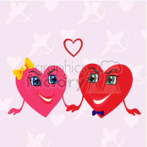 The image is a clipart depicting two anthropomorphized hearts with happy facial expressions. The heart on the left is pink with a yellow flower on top, representing hair, and blue eyes. The heart on the right is red with a blue bow tie and green eyes. They seem to be holding hands and smiling at each other. Above them is a smaller red heart, and they are set against a pale pink background with faint white heart patterns.