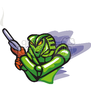 This clipart image depicts a stylized green alien with a humanoid appearance, equipped with armor and holding a gun, seemingly ready for action or battle. The alien has an intimidating expression, and there is a puff of smoke in the background, possibly implying recent use of the weapon.