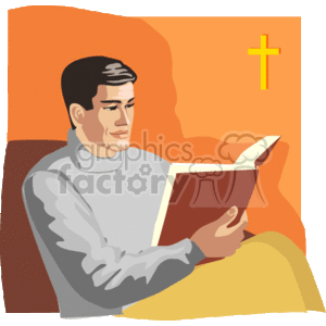 The image depicts a man reading a book, which could be interpreted as a bible given the religious context implied by the presence of a cross in the background. The man appears to be in contemplation or prayer, which is suggested by the serene expression on his face. The colors are warm, and there's a peaceful ambiance created by the soft background.