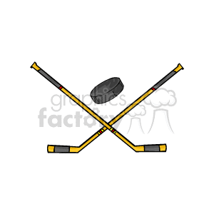 The image displays two crossed ice hockey sticks with a hockey puck positioned above them. The sticks are illustrated with yellow shafts and black blades, detailed with red and black tape near the top. The puck appears to be a typical black rubber disk used in hockey games.