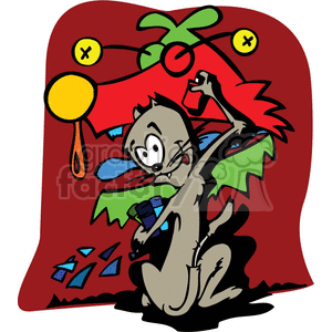 This clipart image features a quirky cartoon of a cat engaging in graffiti. The cat is holding a spray paint can and is in the act of tagging a colorful and exaggerated rendition of a red piece of graffiti that includes abstract shapes and crosses with button-like centers. Behind the cat is a graffiti-covered wall in bold red, making the scene look like an alley where the cat is adding its own artistic touch.