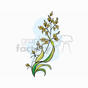 The clipart image features a stylized representation of a plant or herb. It consists of a sweeping green stem with several leaves and an array of blooming yellow flowers stretching upwards. The background is minimal, with a vague, cloud-like blue shape providing some contrast to the plant.