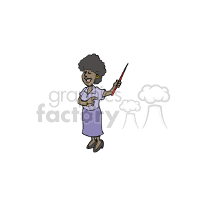 The clipart image shows an African American female teacher. She is smiling and appears happy, holding a pointer in her right hand, which she is using to explain or show something, suggesting a learning or educational context. She is dressed in professional attire suitable for a school environment, emphasizing the back-to-school theme.