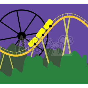 The clipart image shows a roller coaster ride in an amusement park. The roller coaster is depicted with multiple carts that are going up and down on tracks with steep inclines and declines. There are also other rides visible in the background, suggesting that this is a bustling amusement park.

