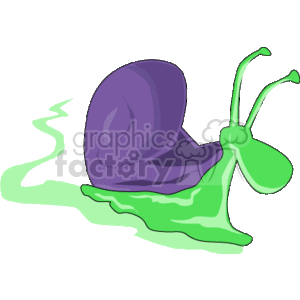 The clipart image shows a cartoon snail with a green-colored body, two large eyes on stalks, and a spiral shell on its back. The snail appears to be moving slowly, as indicated by the motion lines behind it, and a lighter green slime trail. The shell is a purple color
