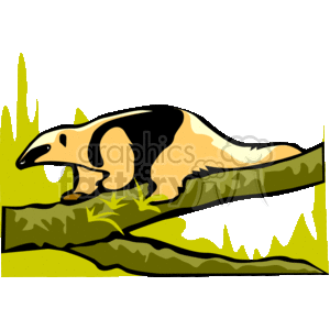 The clipart image shows an anteater crawling on a tree branch. The background suggests a jungle or forest environment with grass at the bottom. The anteater is stylized with a distinct color pattern and simplified shapes for educational or decorative purposes.