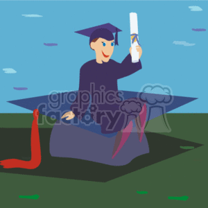The clipart image depicts a joyful graduate sitting on a giant graduation cap, with a blue sky with clouds. The graduate is wearing a blue graduation gown and cap and is holding a diploma in the air, signifying achievement and celebration. The whole scene conveys a sense of accomplishment and the happiness of graduation day.