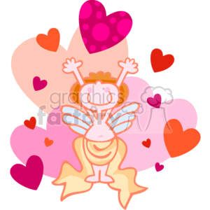 This clipart image depicts a cartoon-style angel or cupid surrounded by multiple hearts in various shades of pink and red. The angel or cupid appears cheerful, with its arms raised in a joyful gesture. The hearts are of different sizes and some feature patterns, adding a playful and festive feel to the image, which evokes themes of love and celebration, commonly associated with Valentine's Day.