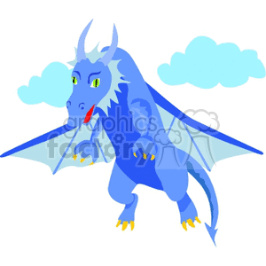 The clipart image features a cartoon-style blue dragon with wings spread as if it is flying. It has horns and a tail, and there are clouds in the background suggesting it is up in the sky.