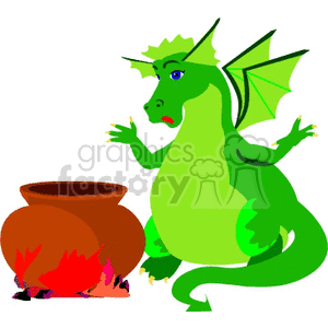 The image is a clipart illustration featuring a green dragon with wings and horns, sitting next to a large brown pot over a flame. The dragon appears to be cooking or heating something in the pot.