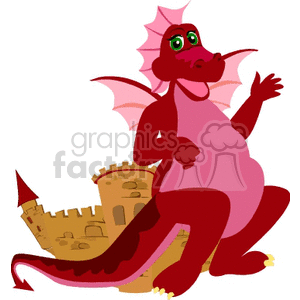 In the clipart image, there is a whimsical depiction of a pink and red dragon with green eyes positioned in front of a tan, cartoon-style castle. The dragon appears friendly and is standing on its hind legs with one arm extended as if waving or gesturing. This creates a playful representation of a fantasy scene often associated with fairy tales.