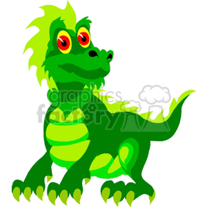 The image depicts a cartoon-style green dragon with yellow details on its belly and tail. It has large red eyes with yellow accents, a row of yellowish-green spiky hair on its head, and a friendly expression. The dragon's claws are sharp and white, and it seems to be in a playful or casual stance.