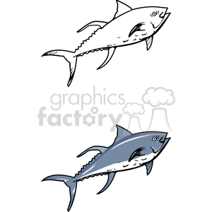 This clipart image features two illustrations of a tuna fish. The top illustration is an outline of the fish, while the bottom one is colored in shades of grey and blue.