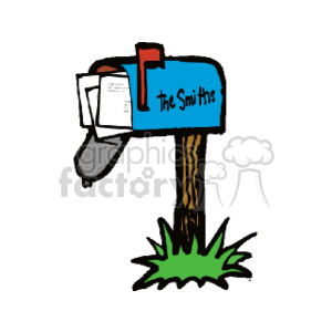 This image features a traditional mailbox on a post. The mailbox is blue with a red flag on the side and appears to have The Smiths written on it, indicating the family name. There are envelopes inside the mailbox, and one envelope is sticking out, indicating mail has been delivered. The mailbox is mounted on a single wooden post, and there's green grass at the base.