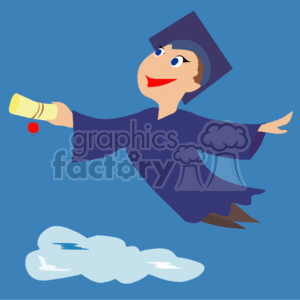 This clipart image shows a cartoon of a jubilant graduate wearing a cap and gown. The character is depicted as soaring or flying through a blue sky, symbolizing the feeling of achievement and the aspirations that come with graduation. The graduate holds a diploma in one hand, which underscores the academic success. There is a cloud in the bottom left corner, enhancing the sense of being up in the sky.