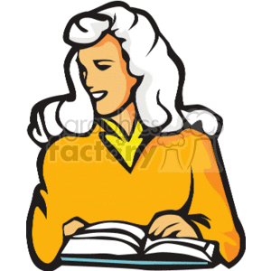 The clipart image shows a stylized representation of a student reading a book. The student appears to be engaged and happy while studying. The person has wavy hair and is wearing a yellow top with a v-neck collar.