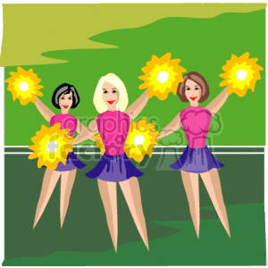 The image is a clipart depiction of three cheerleaders. Each cheerleader is wearing a pink top and a blue skirt, complete with pom-poms that have a flower design. They are shown mid-performance with lifted arms on a green background which could represent a football field.