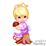 The image depicts an animated character, a young girl with blonde hair tied with pink bows. She is wearing a polka-dotted dress and is seated on a tree stump, holding a brown mushroom with a white stem.