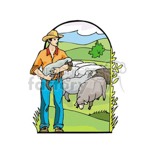 The clipart image shows a farmer holding a sheep with a flock of sheep in the background, set in a pastoral field setting. This depicts a scene of agriculture or sheep farming, with the farmer potentially acting as a shepherd overseeing the flock.