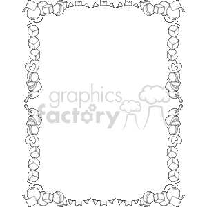 The clipart image shows a decorative border that frames an empty central space. The border is embellished with various shapes arranged symmetrically, including hearts and what appear to be cubes or three-dimensional squares. The design is intricate and ornamental, featuring these shapes linked together to create a cohesive pattern. The hearts are oriented towards the corners, and the cubes or squares form a chain-like pattern along the sides of the border. The overall effect is quite elegant and would be suitable for framing text or images for special occasions or decorative purposes.
