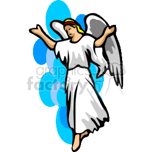The image is a colorful clipart illustration of an angel. The angel has outstretched wings and arms, is wearing a long white robe with gray shading, and has a halo of golden color with red and yellow accents on the head. In the background, there are abstract blue shapes that might represent the sky or a spiritual aura. The angel appears to be floating or flying, which is a common representation of angels in various forms of artwork.