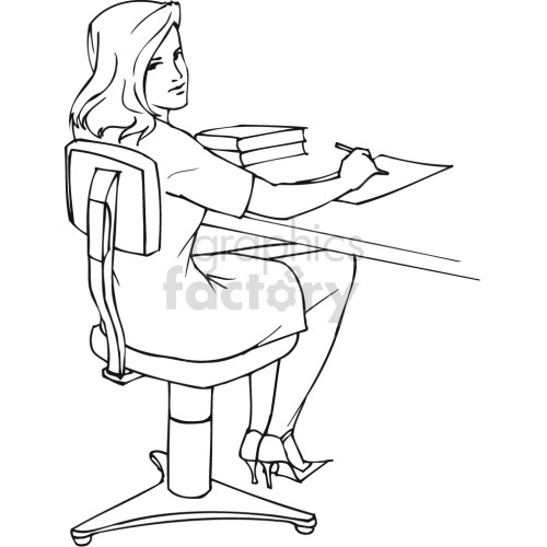 The clipart image shows a black and white illustration of a female sitting at a desk, possibly working in a career related to law or business. The woman is wearing a suit and appears to be reading or writing something on a sheet of paper.
