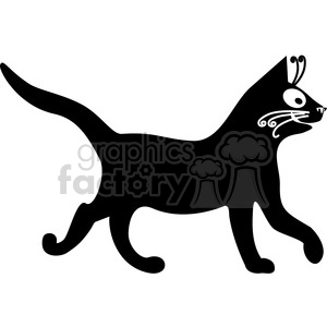 The image depicts a black cat clipart. The cat is presented in a side profile with decorative white markings on its face, including whiskers, eyes, and a nose. Its tail is elegantly curved upwards.