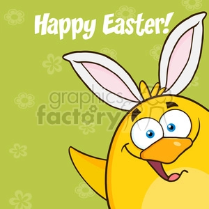 8620 Royalty Free RF Clipart Illustration Happy Easter With Smiling Yellow Chick Cartoon Character With Bunny Ears Waving Vector Illustration With Background