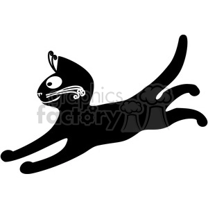 This clipart image features a stylized black cat mid-jump, depicted with a white detailing that creates a facial pattern with eyes, whiskers, and a playful expression.