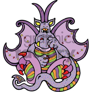 This clipart image features a cartoon dragon with a playful and colorful design. The dragon appears to have a puzzled or thinking expression, with its hand on its chin. It has large, bat-like wings, horns on its head, and scales decorated with various vibrant colors and patterns, including stripes and polka dots.