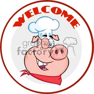 10732 Royalty Free RF Clipart Winking Chef Pig Cartoon Mascot Character Circle Banner With Text Welcome Vector Illustration