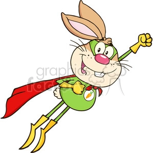 Royalty Free RF Clipart Illustration Brown Rabbit Superhero Cartoon Character Flying