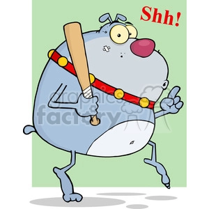 The image features a comical cartoon character of a dog that appears to be sneaking around on tiptoe. The dog has an exaggeratedly large, round body with a greyish-blue color, a reddish-pink nose, and a bandolier-style strap with yellow dots across its chest. It is holding a baseball bat over one shoulder and making a shh gesture with one finger over its mouth. The dog has one popped-out eye, which contributes to the funny, over-the-top sneaky appearance, as well as a small patch on its cheek, possibly suggesting a rough-and-tumble character. The background is a simple two-tone gradient, and the word Shh! is written in red, adding to the sneaky theme.