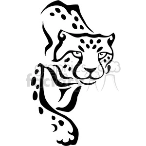 The image is a black and white stylized outline of a cheetah. It features the distinctive spots and sleek form of the animal, which are characteristic of this wild cat species known for its incredible speed. The design is simple yet captures the essence of the cheetah, making it suitable for vinyl-ready applications or a tattoo design.