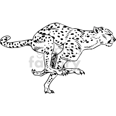 The image is a black and white clipart illustration of a leopard in full stride. The leopard is depicted with spots on its body, its tail extended behind, and its limbs positioned to suggest swift movement.